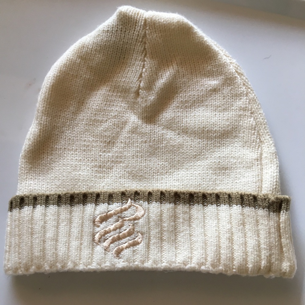 Cream Knit Russian Beanie with Embroidered Logo SZ L EUC